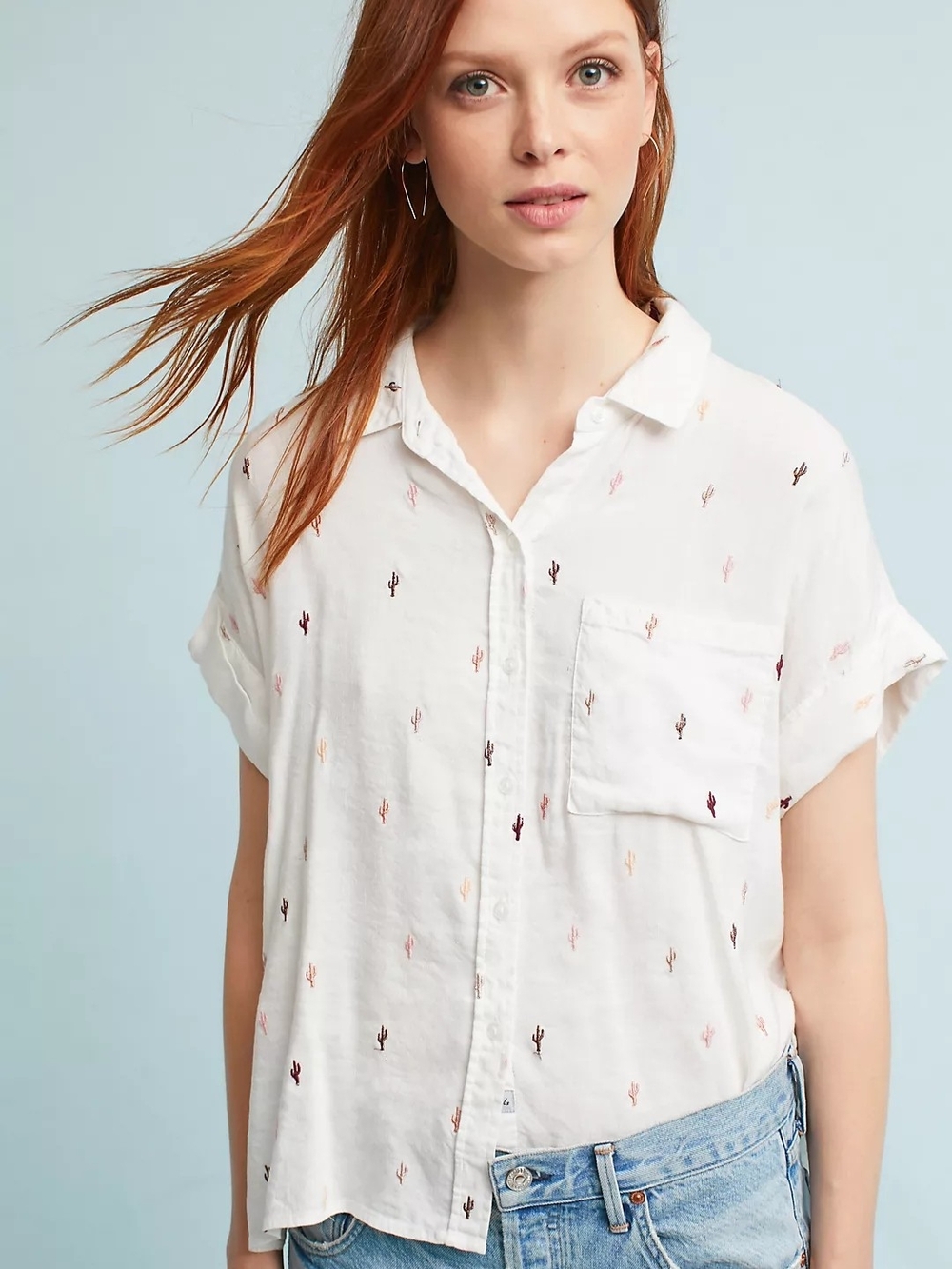 Rails White Short-Sleeve Button-Down Shirt with Mini Cactus Embroidery